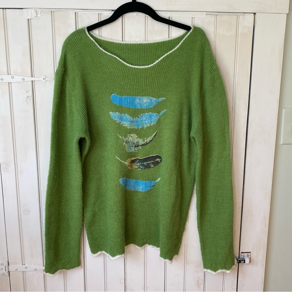 Green Scoop Neck Sweater with Blue Feather Design Small